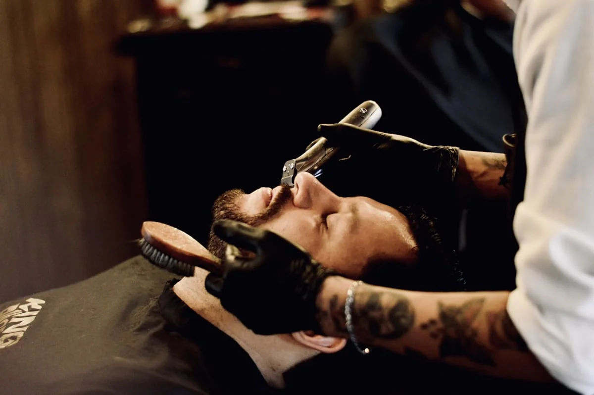 Traditional straight-razor shave in progress